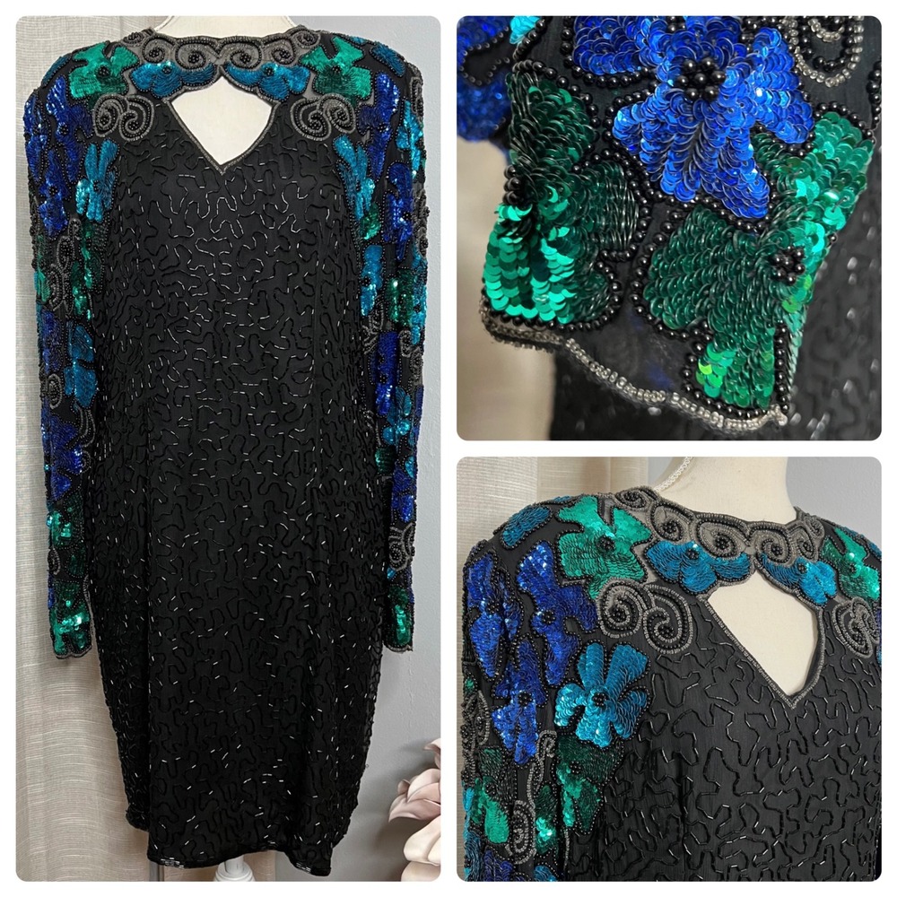Vintage Laurence Kazar Silk Dress Floral Swirl Sequin‎ Bead Long Sleeve Size XL